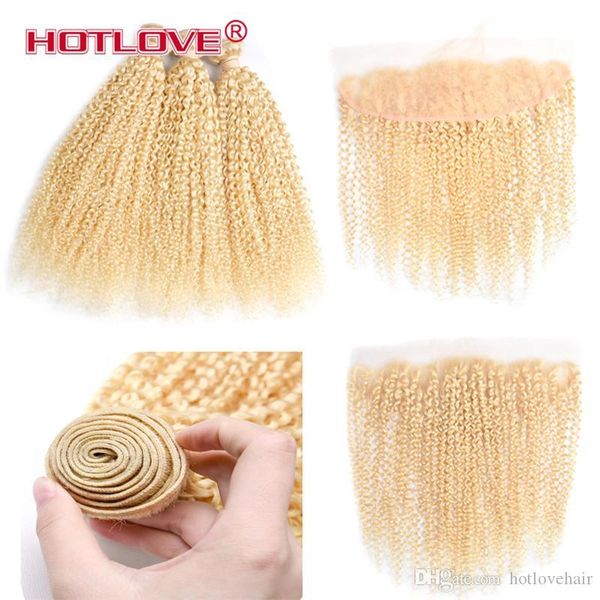 

613 blonde bundles with closure peruvian kinky curly 3 bundles with 13*4 lace frontal closure 100 remy human hair weaving blonde kinky curly, Black;brown