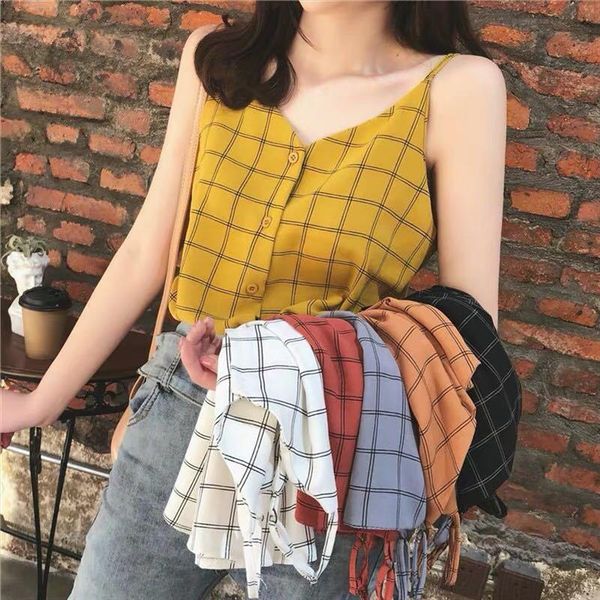 

2020 new fashion women plaid sling shirt female short sleeve elastic blouse summer lady small, White