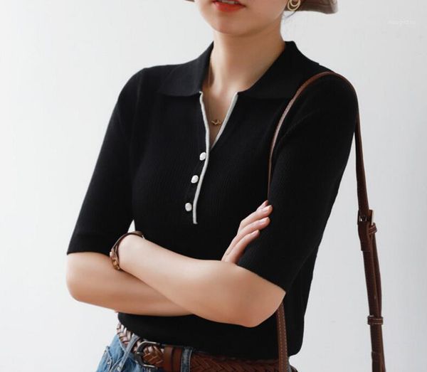 

women soft thin v-neck slim short-sleeved sweater slim-fit shirt1, White;black