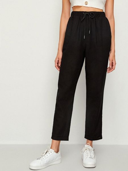 

solid drawstring waist slant pocket pants k7qe#, Black;white