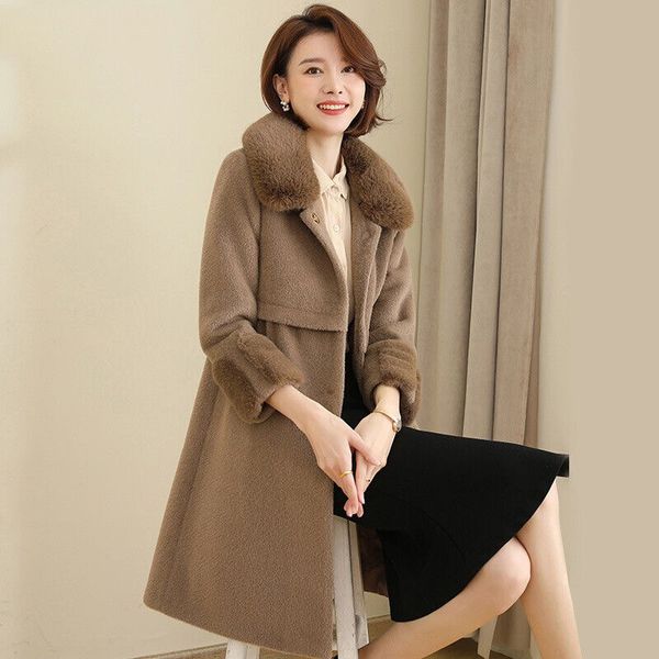 

2021 new new women autumn winter mink down coat middle elderly big size lady mid-long fashion plus velvet noble sheep shearing outwear s3y8, Black