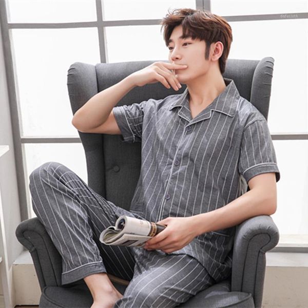 

2020 summer casual striped cotton pajama sets for men short sleeve long pants sleepwear pyjama male homewear lounge wear clothes1, Black;brown