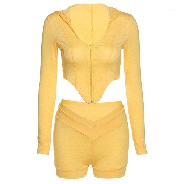 

women 2pcs slim tracksuit long sleeve zipper hoodie crop v-waist shorts 6xda1, Gray