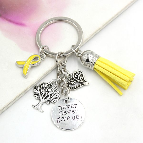 

new arrival wholesale yellow ribbon endometriosis awareness keychains keyring heart life tree never give up charms key chain jewelry, Slivery;golden