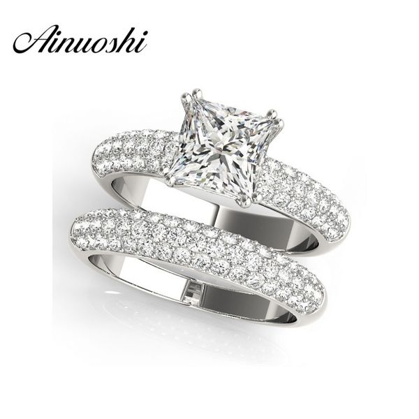 

ainuoshi 925 sterling silver white gold color 4 prongs women ring sets 1.5ct princess cut engagement anniversary ring sets gift y200106, Slivery;golden