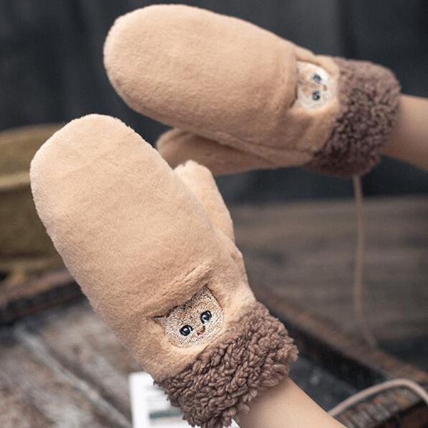 

fashion winter women warm knit embroidery touch screen gloves female cute cartoon cat plus velvet thick warm driving mittens h75, Blue;gray