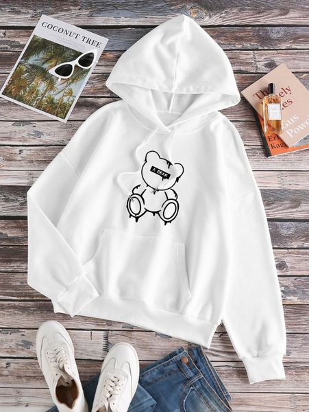 

bear & letter graphic drop shoulder drawstring hoodie c6h6#, White;black