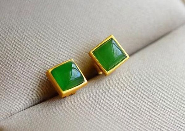 

wholesale price 925 silver needle square green jade earring jewellery, Golden;silver