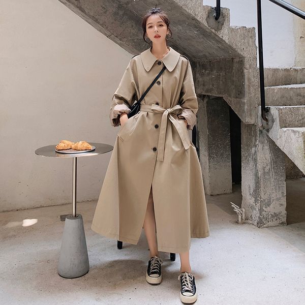 

2021 new feminine caqui trench coatspring new long korean fashion loose single-breasted stole solid female jacket l5 kxgb, Black;brown