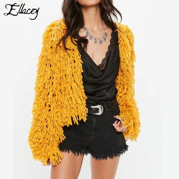 

ellacey 2018 autumn winter tassel female cardigans open stitch sweater for women knitted cardigan crochet tassel coat outwear1, White;black