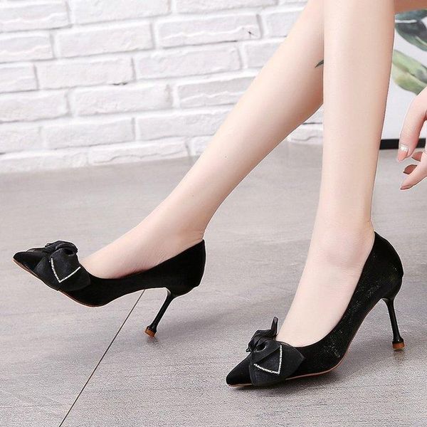 

fashion leather woman shoes baotou bow 2021 spring new woman elegant high heels thin heels party casual shoes heel, Black