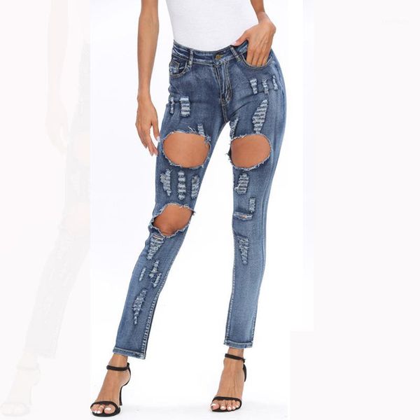 

women's jeans big yards womens skinny long pencil pants slim high waist elastic denim hole leggings female cotton women1, Blue