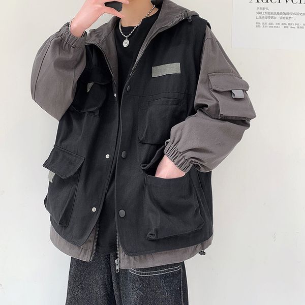 

spring and autumn tide brand two hooded work men's korean fashion versatile student loose jacket, Black;brown