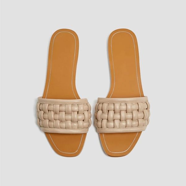 

new ladies slippers trendy woven leather flat fashion women shoes square toe female slides outside wear flip flops for woman #fu8k, Black