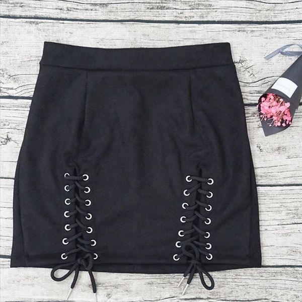 

summer new outdoor openwork deer suede bandage skirt style fashion women's tight high waist skirt elastic short skirt, Black