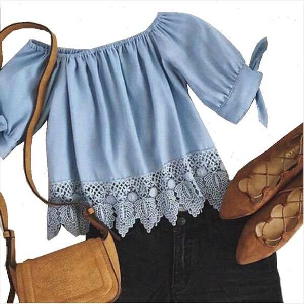 

fashion summer women ladies lace off shoulder slash neck casual blouse crop uk blue, White