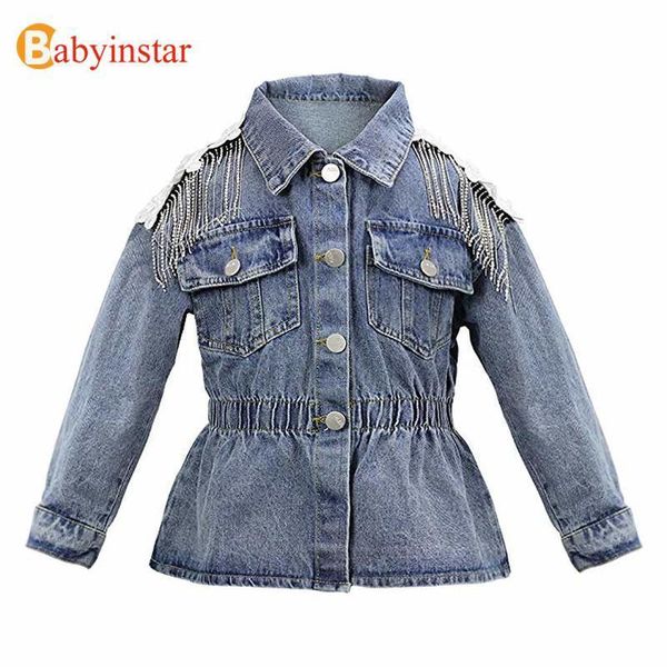 

toddler girl's fashion tassel denim jacket with flower on shoulder child jeans kids jacket & coats for toddler girls outerwear lj201126, Blue;gray