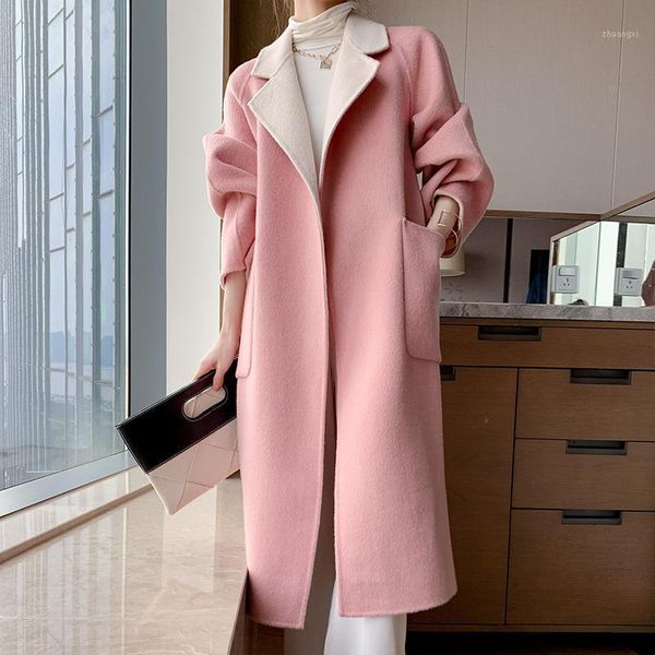 

autumn and winter 2021 women's new wool coat fashion mid long lace up korean color matching double faced tweed coat1, Black