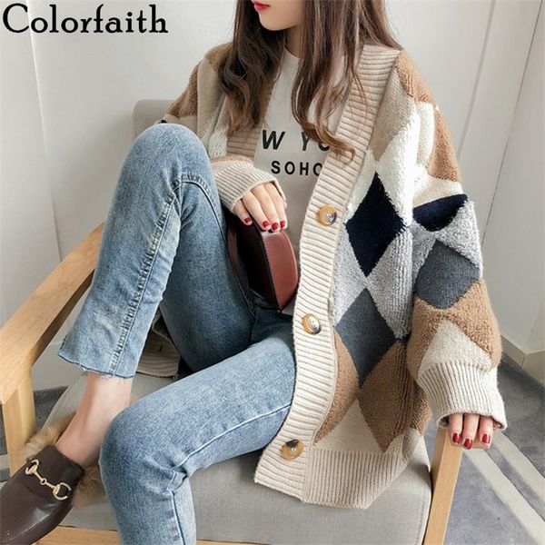 

colorfaith women's sweaters autumn winter plaid v-neck cardigans button puff sleeve checkered oversize sweater sw658 201221, White;black