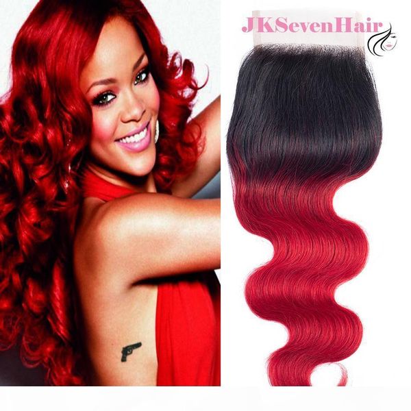 

body wave dark root red brazilian virgin hair 4x4inch lace closure 1b red malaysian peruvian indian middle part three parts closure, Black