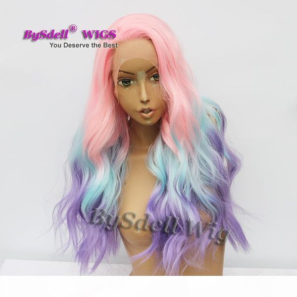 

new arrival web celebrity mermaid pastel rainbow color hair wig synthetic lace front wigs pink ombre blue purple color natural wave lace wig, Black