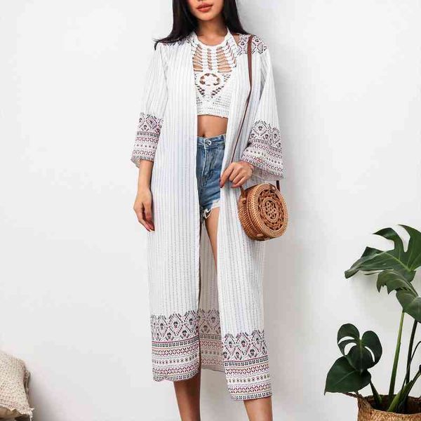 

casual women clothing summer bohemian beach style outwear long cover-ups kimono, White