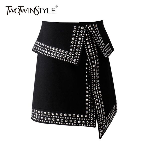 

rivet patchwork skirt for women split asymmetrical high waist bodycon zipper skirts spring fashion clothing kg-491, Black