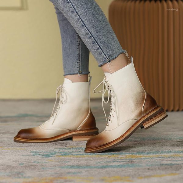 

eshtonshero boots female 2020 new low heel genuine leather women boots lace up round toe black winter women shoes size 3-111