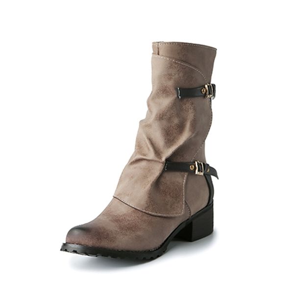 

2021 the new casual style round mid-calf toe stylish boots plied buckle khaki green zipper and mid-heel motorcycle women's shoes hb2g, Black