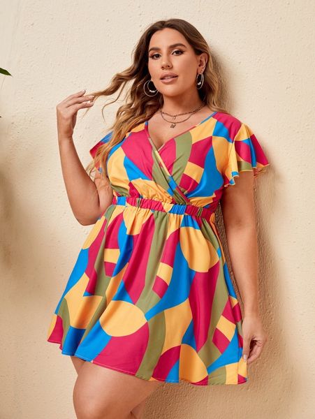 

plus surplice neck allover print dress y9ff#, Black