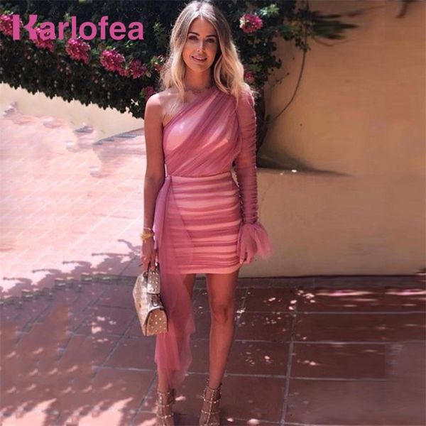 

karlofea lady elegant wedding party outfits sweet mesh ruched slim mini wrap dress chic puff sleeve one shoulder birthday dress y200102, White;black