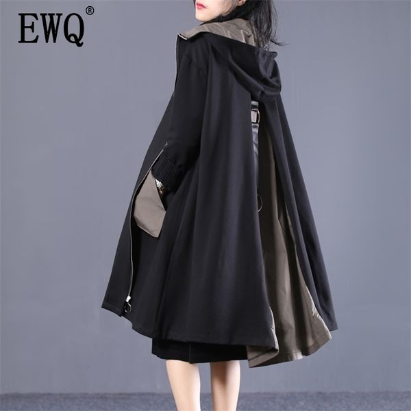 

[ewq] spring autumn hooded collar long sleeve patchwork pockets zipper loose casual windbreaker women fashion tide ad33001 201031, Tan;black
