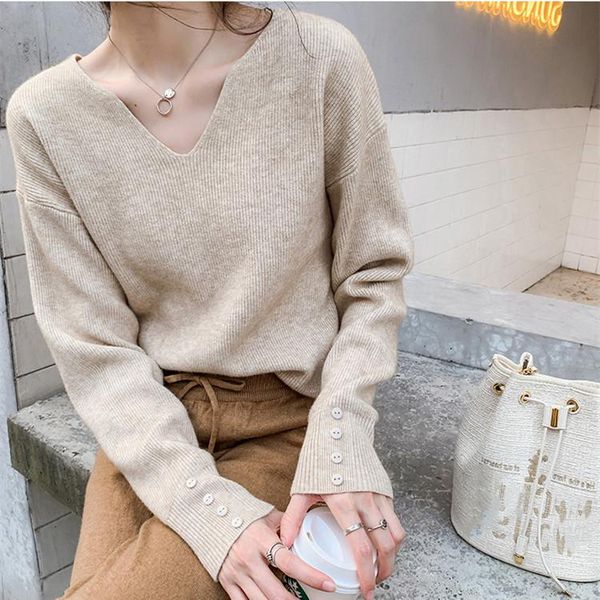 

vogue temperament v-neck design sense autumn winter bottom sweater women's loose casual long sleeve lazy t-shirt, White;black