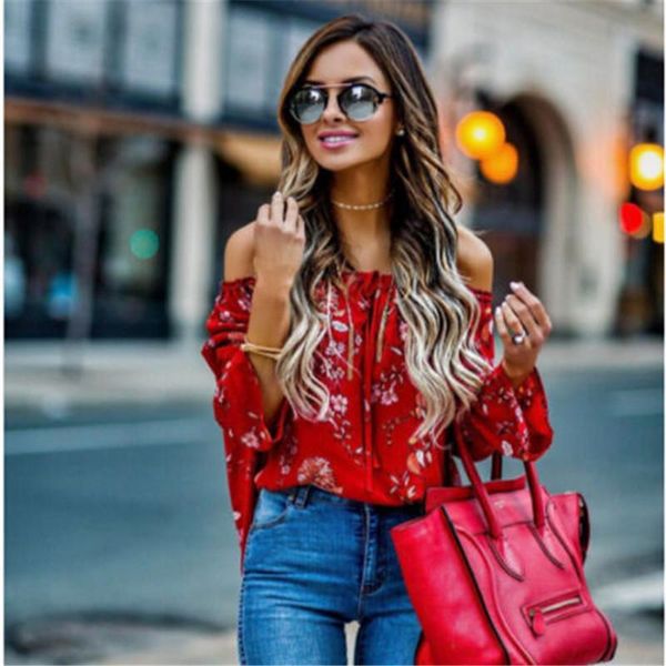 

new women off shoulder red slash neck floral autumn long sleeve shirt casual blouse loose crop, White