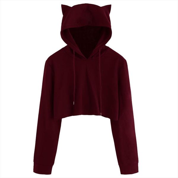 

cute womens cat ear short sweatshirts autumn kawaii solid drawstring hoodie female long sleeve cropped hooded pullover y3, Black
