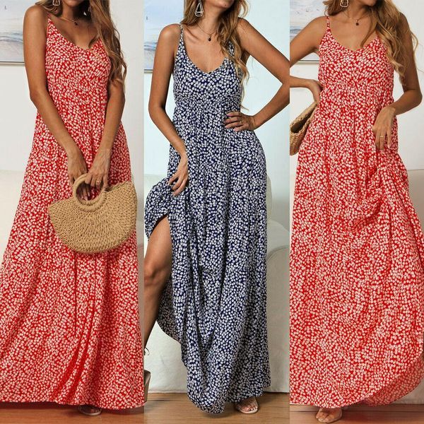 

women summer boho floral print long dress summer strap v neck sleeveless dress maxi dress evening party beach, Black;gray