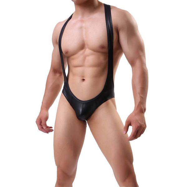 

3Pieces/Lot Sexy Lingerie Mens Jockstrap Bodysuit Wrestling Singlet Imitation Leather Men Sexy Body Shaper Bodybuilding Jumpsuit Leotard, Black