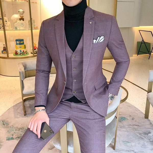 

luxury men dress suits british 3piece set men wedding suit new 2020 fall mens business formal plaid suit slim fit dress, White;black