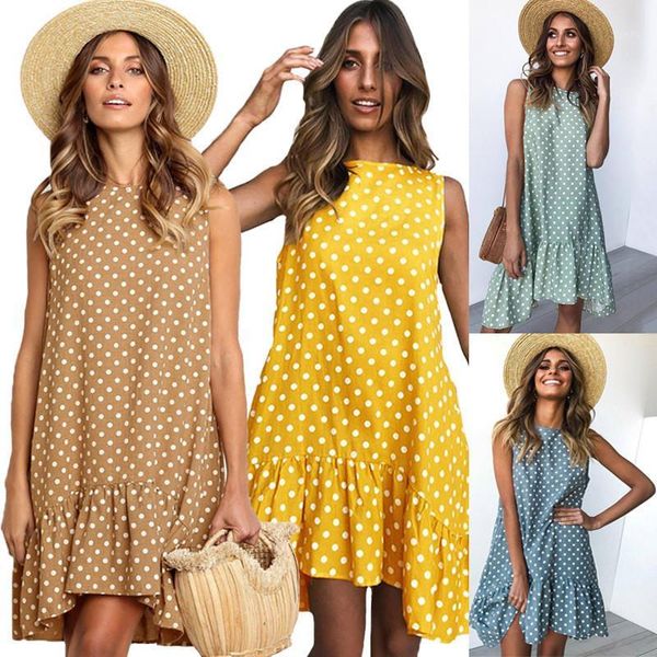 

plus size ruffled vestidos vintage women summer dress 2019 loose mini casual dresses female sleeveless blue polka dot dress dots1, Black;gray
