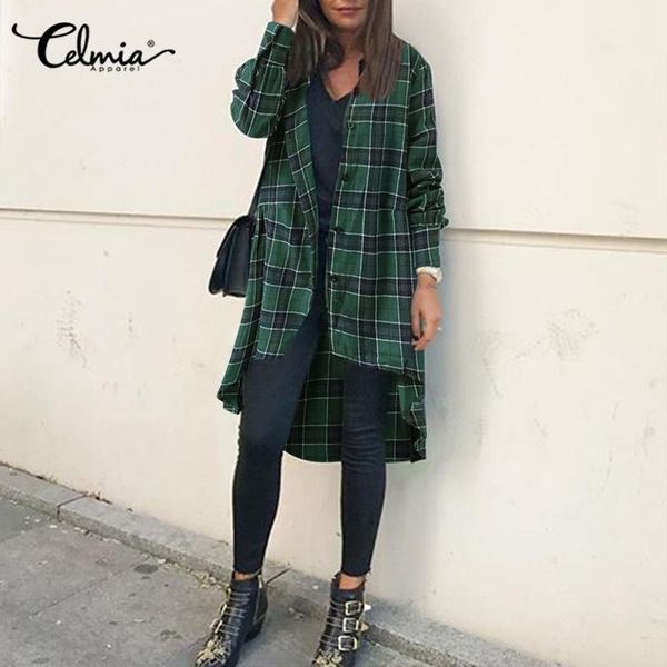 

plus size celmia women checkered long coats 2021 fashion thin long sleeve casual trench irregular hem coat loose windbreaker 5xl, Tan;black