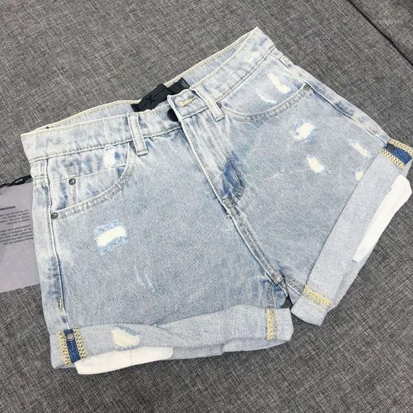 

fashion classic trendy brand luxry design retro blue white hole high waist curled denim shorts women a21