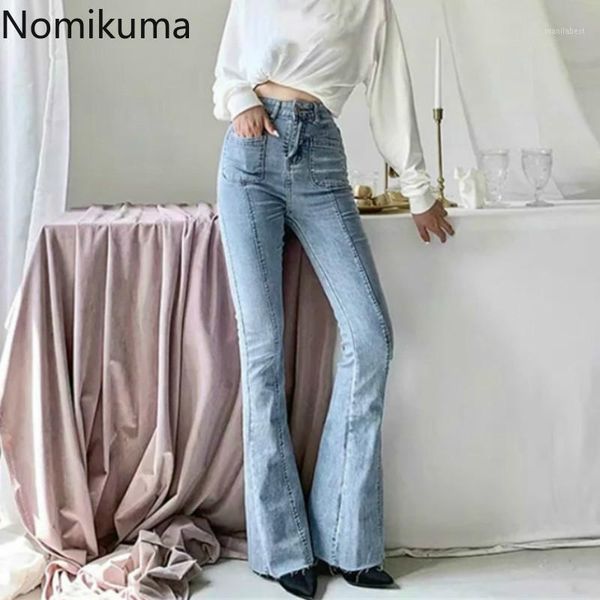 

nomikuma high waist jeans solid color black denim flare pants women korean fashion slim trousers streetwear pantalones 3a2641, Blue