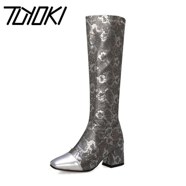

boots tuyoki plus size 32-48 lady square toe knee high snakeskin pattern zipper woman shoes winter autumn footwear, Black