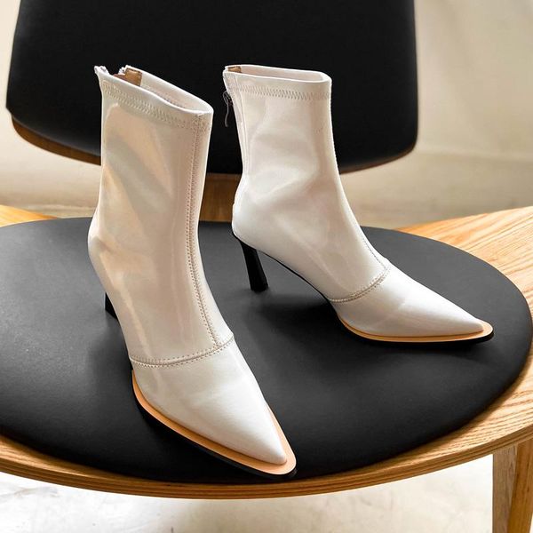 

deat 2020 new spring autumn fashion casual patent leather white short boots for women pointed thin high heels elastic sf797, Black