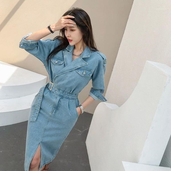 

casual dresses 2021 women denim dress autumn vintage high elastic waist split streetwear long vestidos1, Black;gray