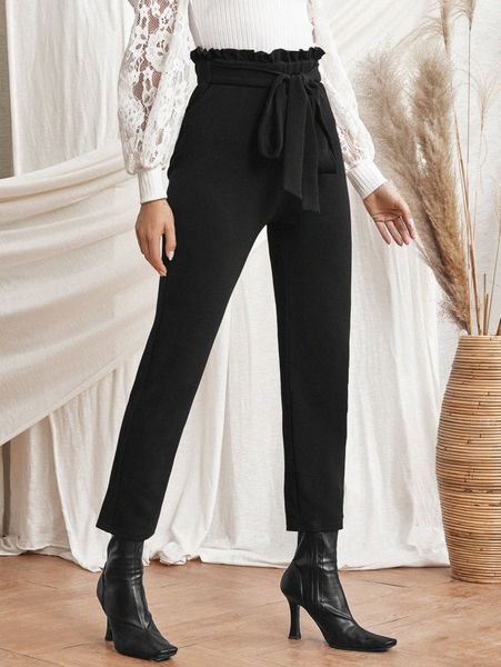 

paper bag waist knot front pants v20e#, Black;white