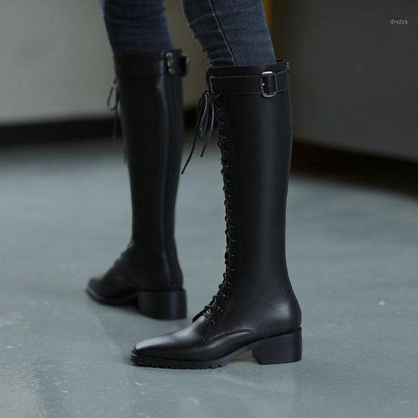 

elegant high boots cow leather fashion design lace-up square heel shoes new women's boots1, Black