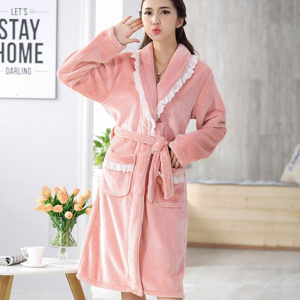 

2021 new women's winter flannel midi nightgown oversized thicken bath robe female v neck long sleeve with sashes pockets sleepwear nfjw, Black;red