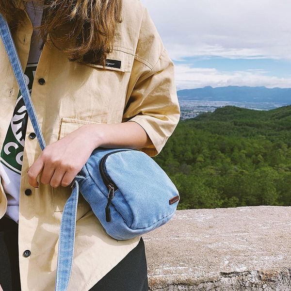 

original design crossover denim canvas bag female hong kong students double cell phone bag neutral old small satchel couple
