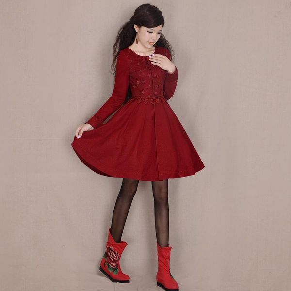 

women's wool & blends 2021 autumn winter women coat vintage retro elegant lace patchwork woolen midi outerwear, Black